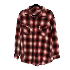 Womens Red Black White Plaid Flannel Button Up Shirt Shacket Casual Top L
