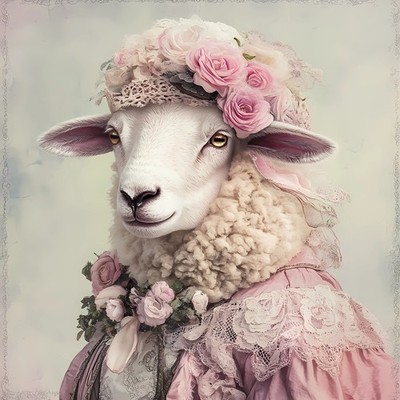 Dame Schaf in einem floralen Kopfschmuck mit rosa Rosen und zartem Spitzenelement
