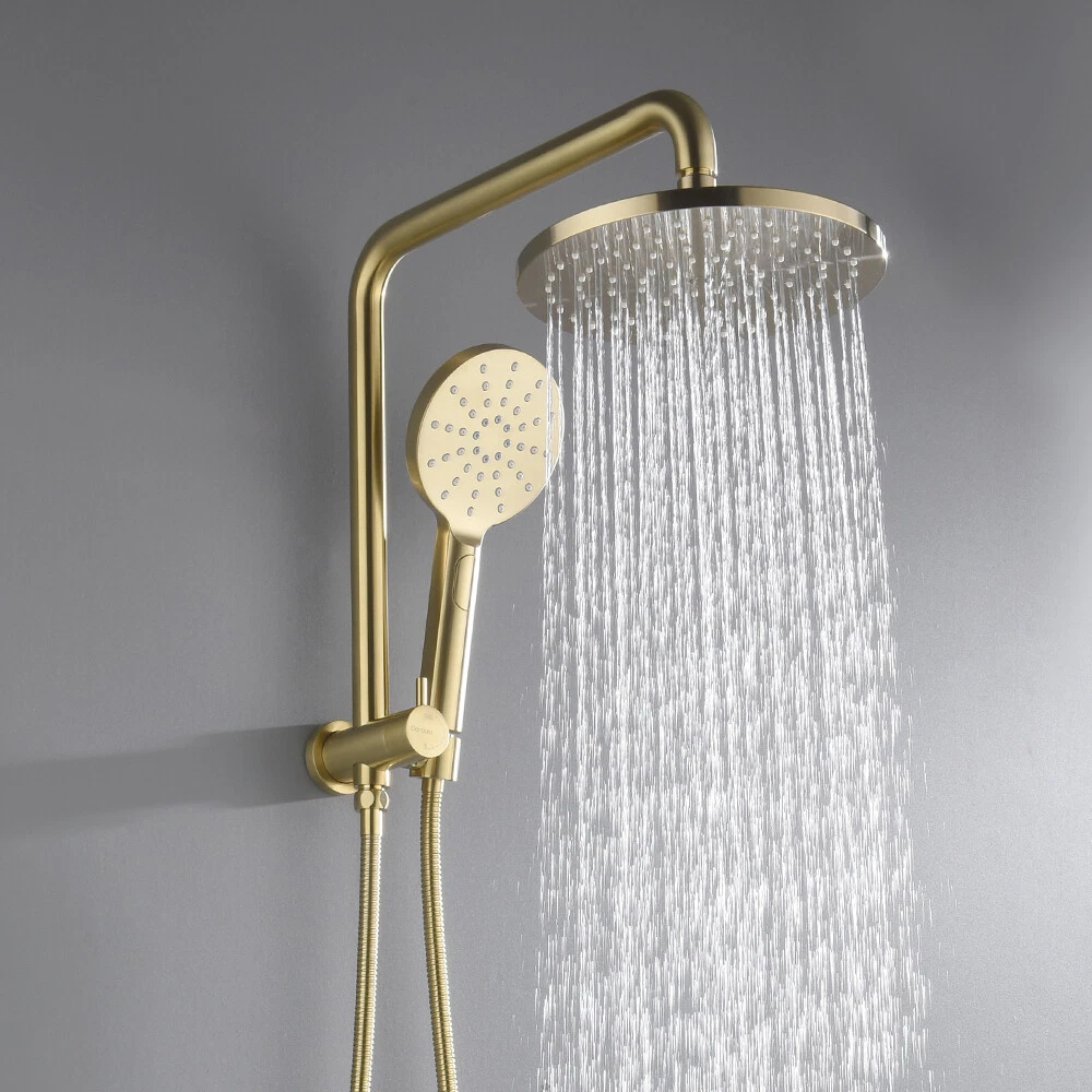 Decaura 9" Rain Shower Head Set Brushed Gold Gooseneck Arm 3-Mode Hand Held