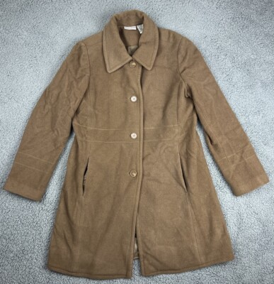 Jaclyn Smith Long Overcoat Womens Large Wool Blend Pea Coat Button Jacket Tan