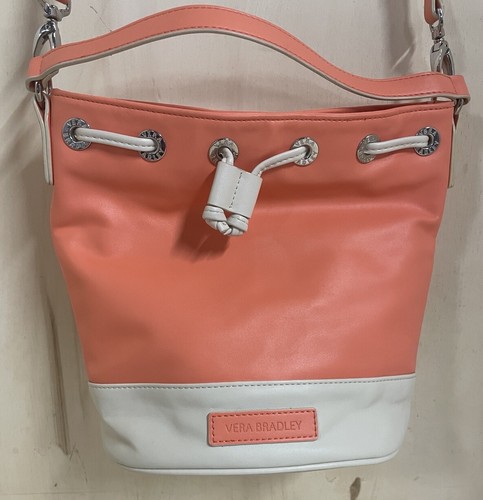 Vera bradley Women's Coral/light Tan Leather Drawstring Snap Pocket Bucket Purse - Picture 4 of 16