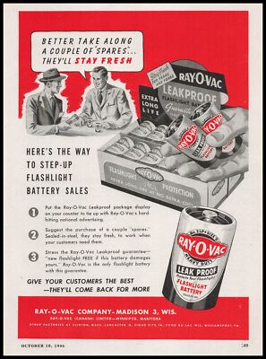 1946 Ray-O-Vac Madison Wisconsin Leak Proof Flashlight Battery Vintage Print Ad