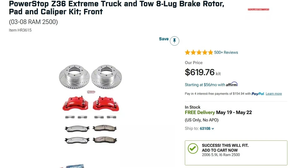 Kit de pinza de rotor de disco de freno de 8 orejetas 03-08 Ram 2500 POWERSTOP perforado/ranurado Foto 2 de 4