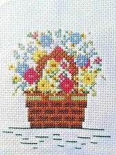  Vintage Cross Stitch Flower Basket Unframed Blue Yellow Pink 