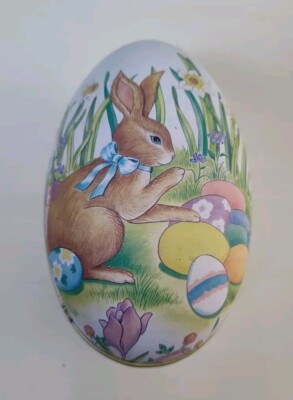 1990s Tin Easter Egg Brown Easter Bunny Painted Eggs Spring Flowers Treat Holder