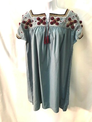Laurence Dolige Paris Blue cotton mirror pom pom tassel folk India dress/ tunic 