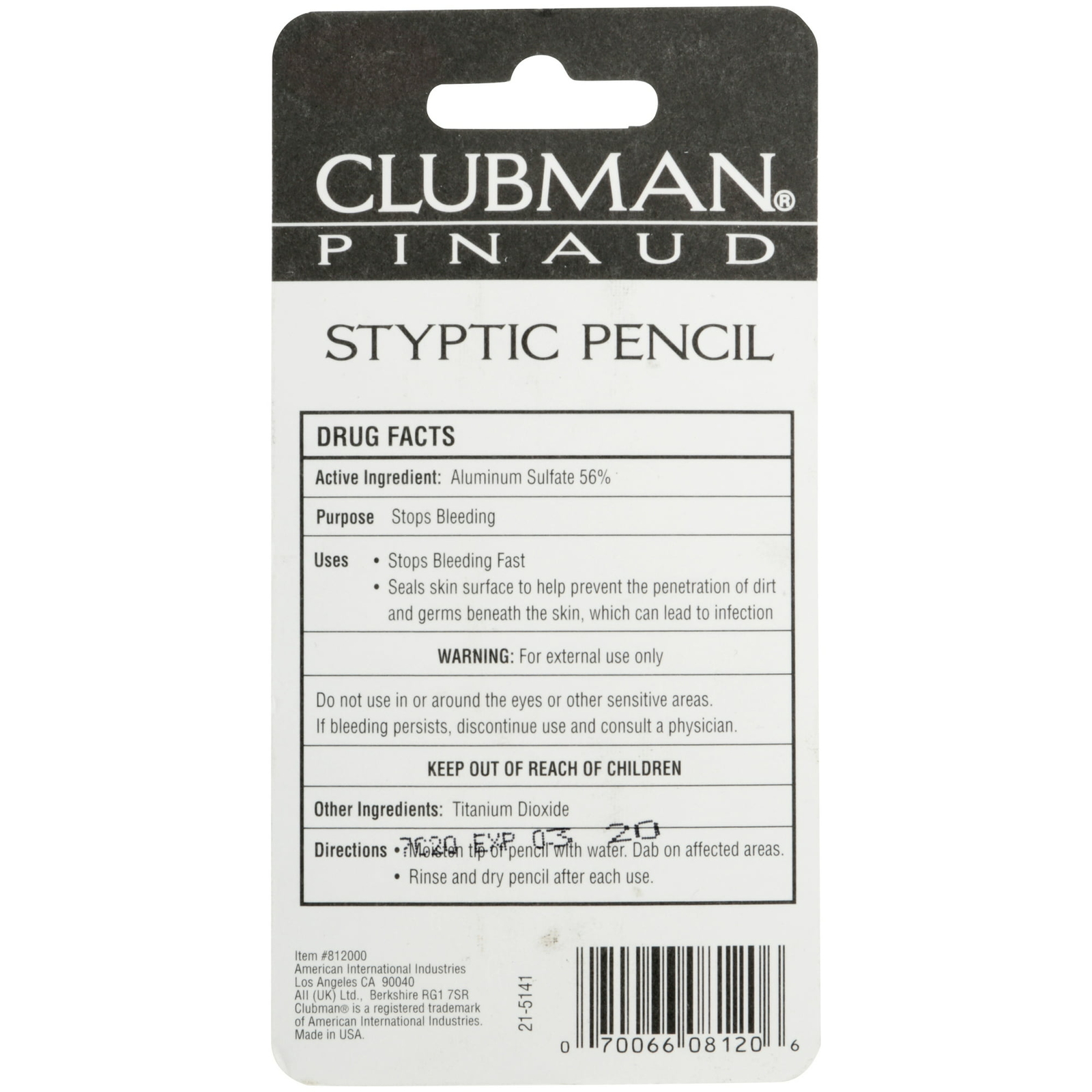 Clubman Styptic Pencil Stops Bleeding Fast for Minor Cuts Sting Free 0.
