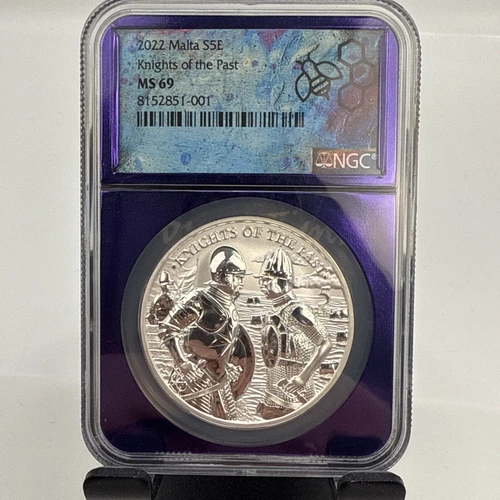Malta 2022 €5 1-oz Silver Knights of the Past NGC MS69 Traderbea Core Low Serial