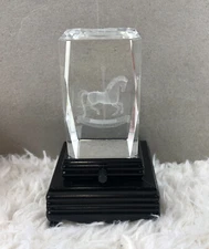 3D Laser Etched Carousel Horse Glass Cube Lighted Base Paperweight Home Decor