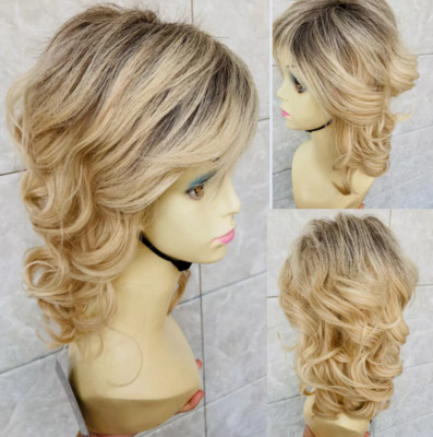 Medium Fluffy Wavy Dark Roots Blonde Mix Synthetic Hair Wigs Women Natural 613