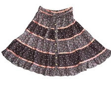 VTG Gunne Sax Black Romantic Floral Print Pink Ribbon Tiered Prairie Skirt sz 10