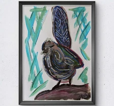 Funky Bird Expressionism Original  9X12 PAPER Acrylic Painting Signed AM Mai