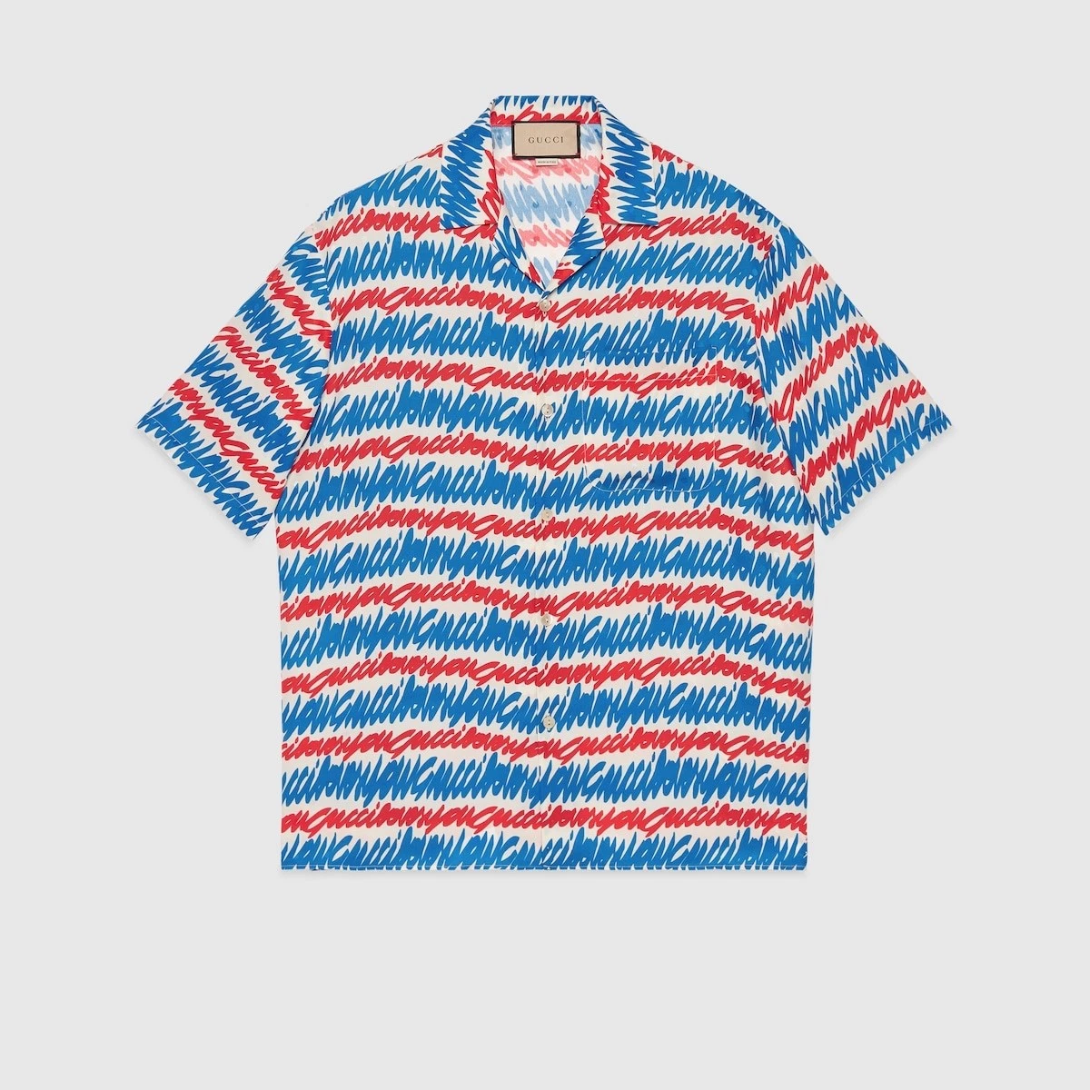 GUCCI Gucci 半袖シャツ 水色/白 ロゴ入り サイズ48 半袖シャツ 総柄