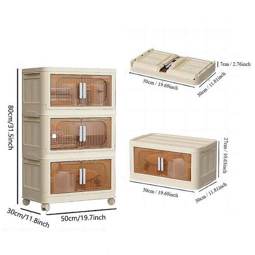 Side Wide Folding Plastic Storage Cabinet 3-Tier Magnetic Door Wheels - Picture 3 of 22
