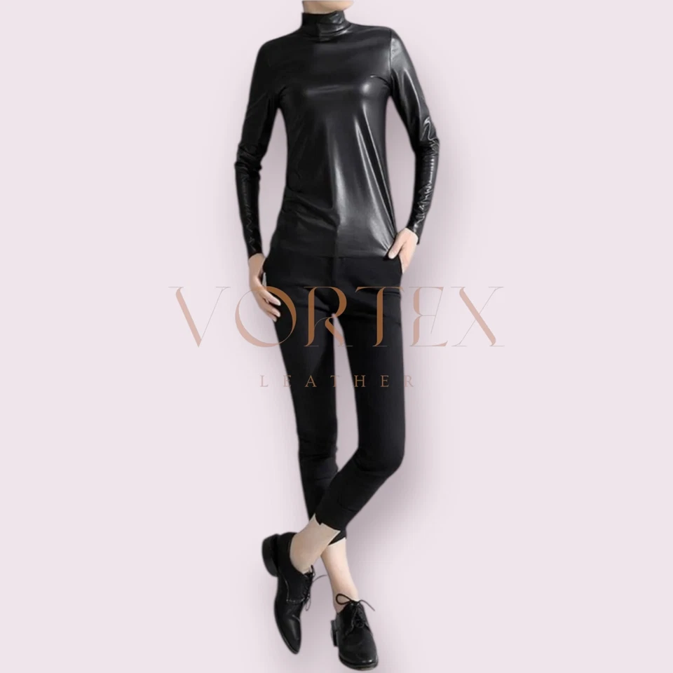 Mujeres Camisa de Cuero Negra Cuello Alto Camisa de Cuero de Cordero Genuino Camisa Calce Ajustado Foto 2 de 4