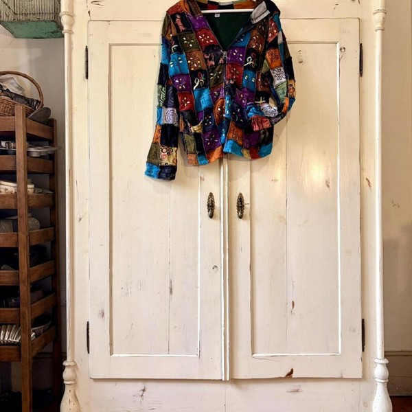 Multicoloured hippy patchwork zip up hoodie jacket. Unisex Made in Nepal.