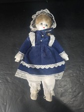 1990 Brinn’s Collectible Porcelain White Plush Body Doll 11” Navy Dress