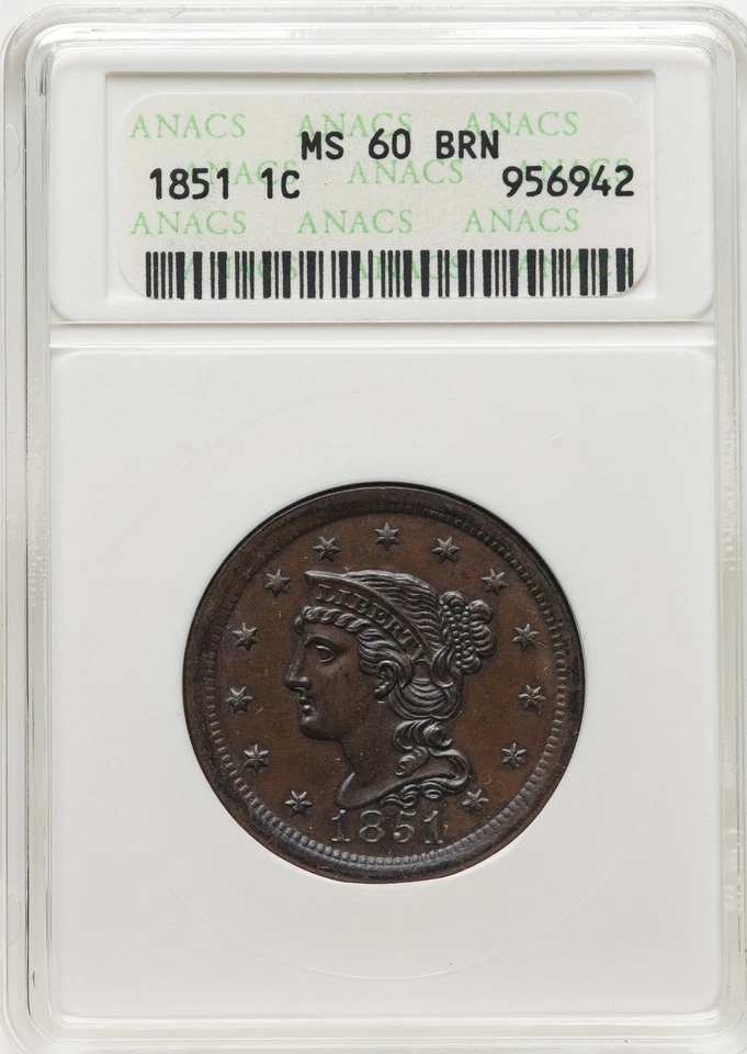 1851 Cabelo Trançado Grande Centavo - ANACS MS60 BRN - EXCELENTE COR MARROM CHOCOLATE! - Imagem 3 de 4