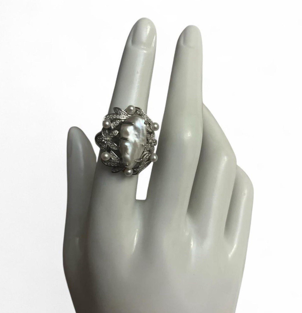 Sterling Silver 925 Baroque Pearl Cluster Statement Ring White Gemstone