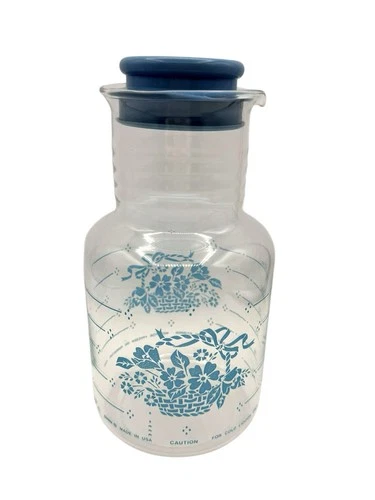 Vtg Pyrex Carafe Lid Pitcher Cornflower Glass Clear Blue Floral Flowers 2Qt 2L