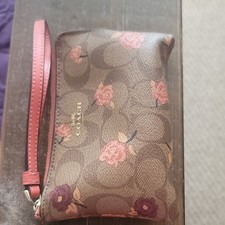 Coach Signature Floral Zip Wristlet Wallet for Women Brown Pink Card Slots