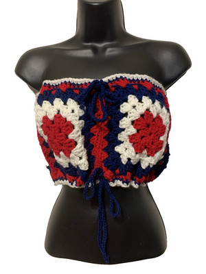 Granny Square Crochet Patriotic Tube Boob Top Boho Hippie Size L/XL Adjustable