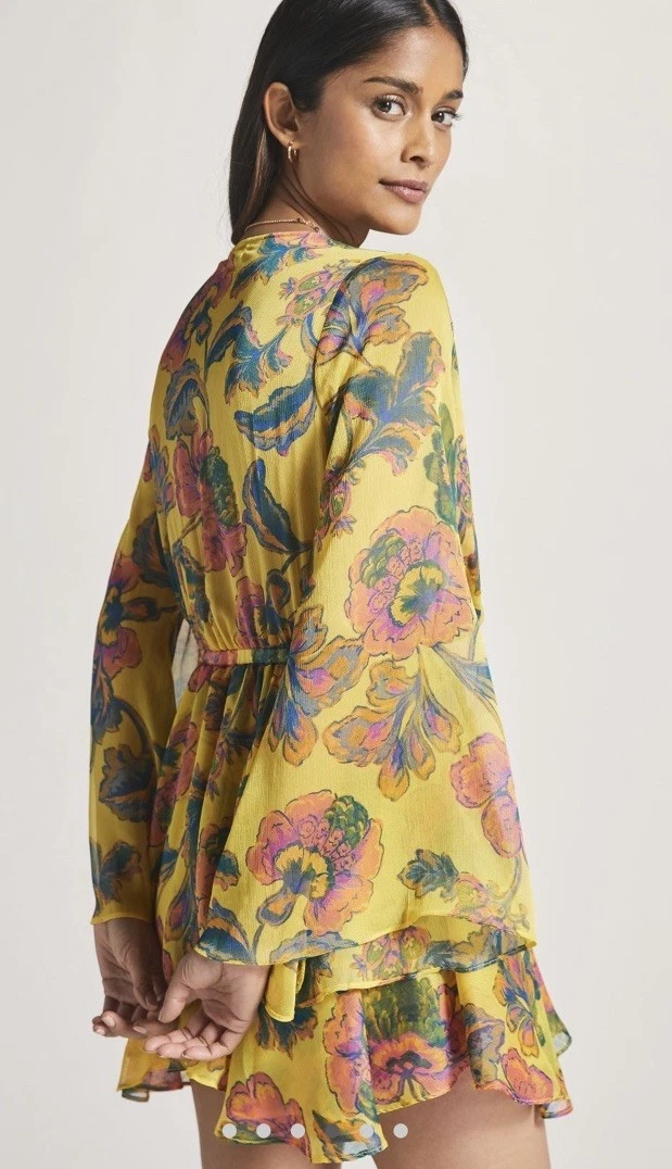 PALM ANGELS Abito Kaia Misa Los Angeles giallo gran canarino scollo a V floreale tropicale nuovo con etichette taglia S!