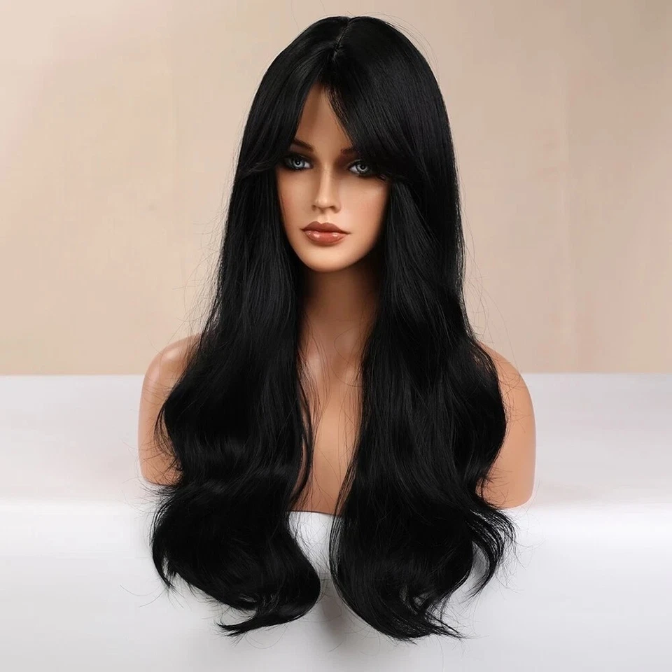 Black Natural Long Wavy Cosplay Wigs With Bangs Heat Resistant Hair Women - Image 4 of 4