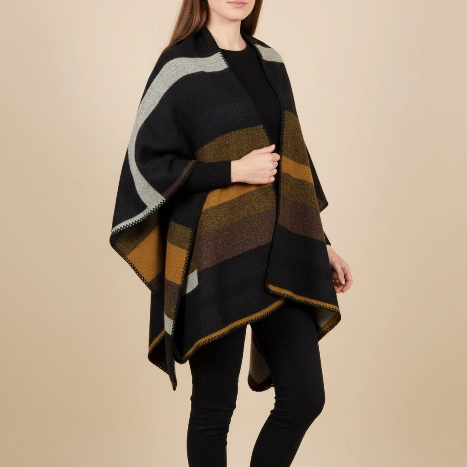 Reversible Striped Ruana Wrap Open‑Front Poncho Earth‑Tone Color block One Size