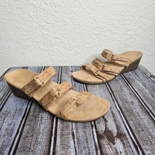 Vionic Dwyn 3 Strap Natural Cork Wedge Sandals Tan Women Size 9 adjustable 