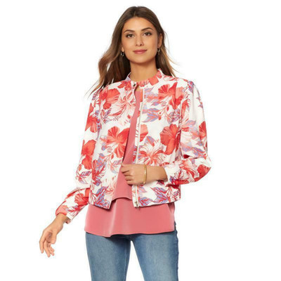 DG2 by Diane Gilman Women Floral  Full Zip Jacket Color Pink Size 1X