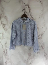 Everlane Shirt Womens Small Blue Button Up Woven Pajama Top Silky Cotton Crop