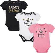 New Orleans Saints Girl Onesie Bodysuit 3 Pk - Gerber NFL 0-3m 3-6m 6-12m 18m