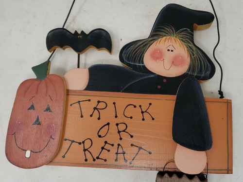 Halloween Trick or Treat Witch Black Bat Bag JOL Wood Wall Hanging Sign Décor - Picture 4 of 7