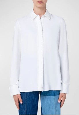 akris punto Button-Front Blouse w/ Fringe Hem size 16