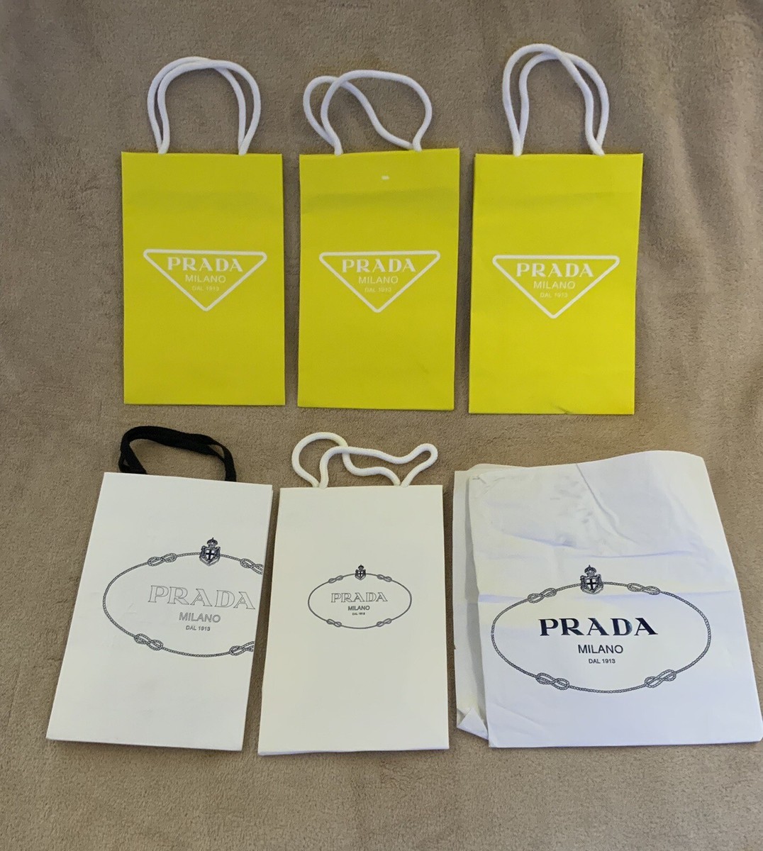 LOT OF 5 PRADA MILANO DAL 1913 WHITE & YELLOW EMBOSSED PAPER