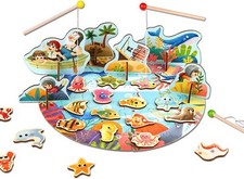 TOOKYLAND Wooden Magnetic Fishing Game-Wooden Aquatic Animals,for Kids 3 Years 