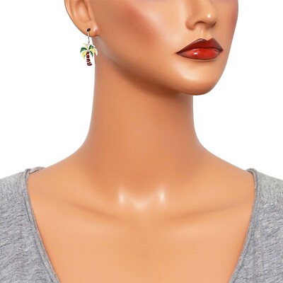 Palm Tree Earrings Silver Green Tropical Leaf Beach Jewelry