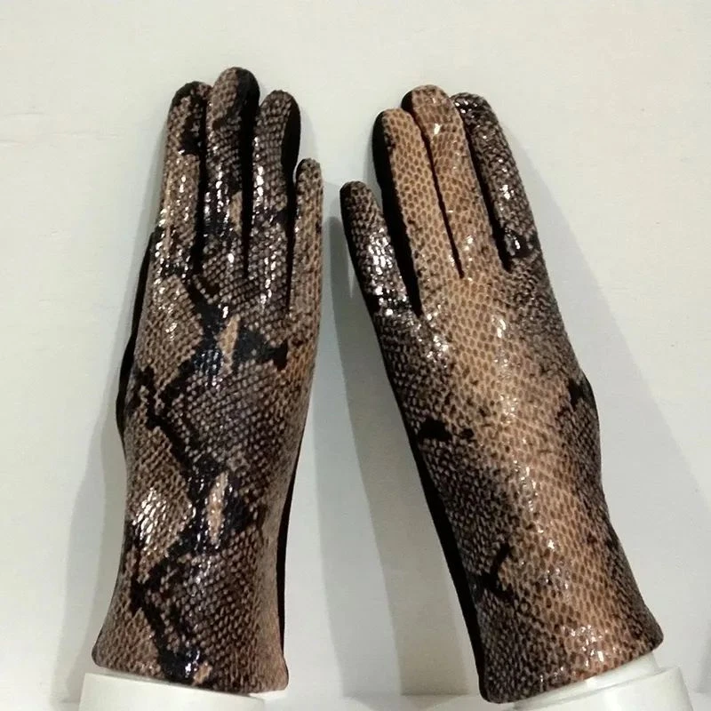 Faux Animal Leather Gloves Women Winter Velvet Snakeskin Pattern Driving Glove