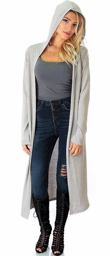 Open Front Hooded Long Sleeve Tunic Maxi Cardigan Cover-Up S M L XL - Picture 9 of 20