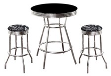 MLB Black and Chrome 3PC Bar Table Set w/Team Fabric Covered Swivel Seat Cushion