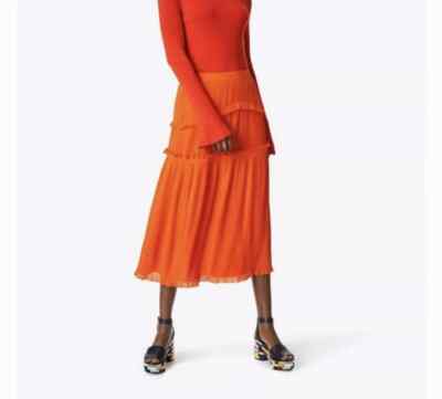 NWT $548 Tory Burch Stella Midi Skirt - Spicy Orange Size 4