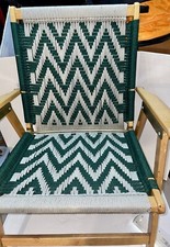 Vintage Handwoven Macrame Green  White Fabric on a Wood Folding Patio Chair 