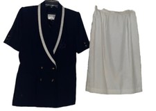 Vintage KASPER ASL Skirt Suit Blazer Jacket Navy Blue, White Double Breast Sz 10