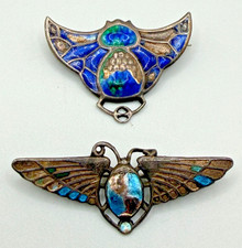 Antique Charles Horner Silver Enamel Egyptian Revival Brooches x2 Hallmark 9.9g