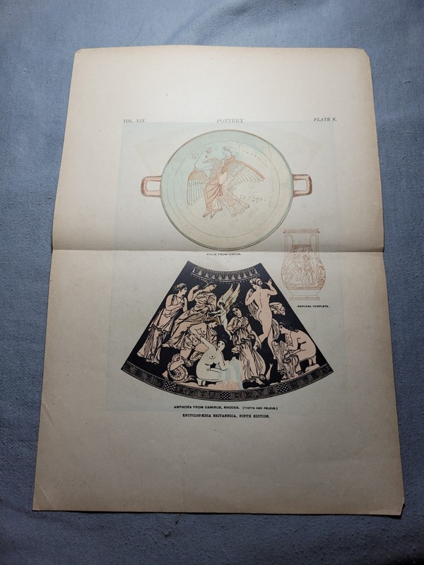 Original Antique Lithograph ANCIENT GREEK POTTERY - Kylix/Capua, Amphora/Rhodes