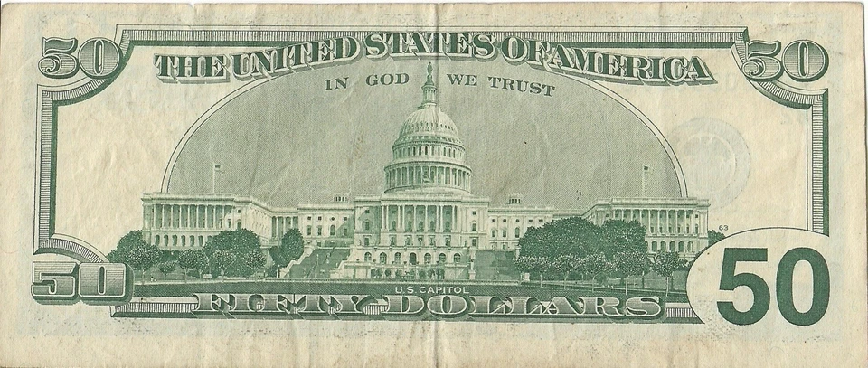 Банкнота номиналом 50 долларов 1996 со смещенным центром вырезом - Изображение 2 из 2