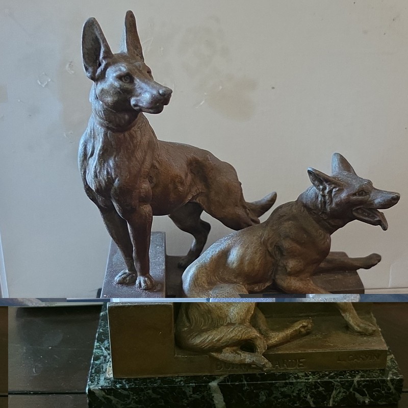 Bonne Garde L. Garvin Signed Patina Metal Dog Figurine on Green Marble Base