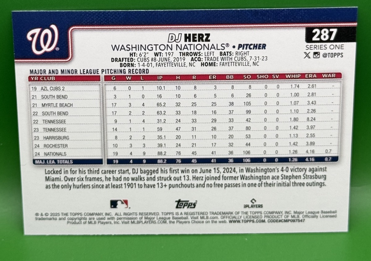 2025 Topps Series 1 DJ Herz #287 Rainbow Foil Rookie 2025 Topps Series 1 DJ Herz #287 Rainbow Foil Rookie