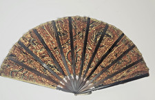 Vintage Folding Hand Fan Handheld Brown Gold Peacock Fabric Women's Fashion